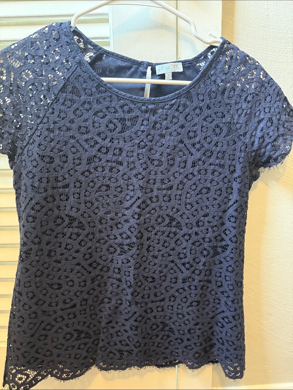 Lace Overlay Short-Sleeve Top in Navy - Women's
